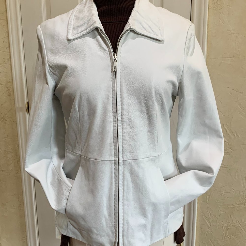 White leather zip front jacket, size M